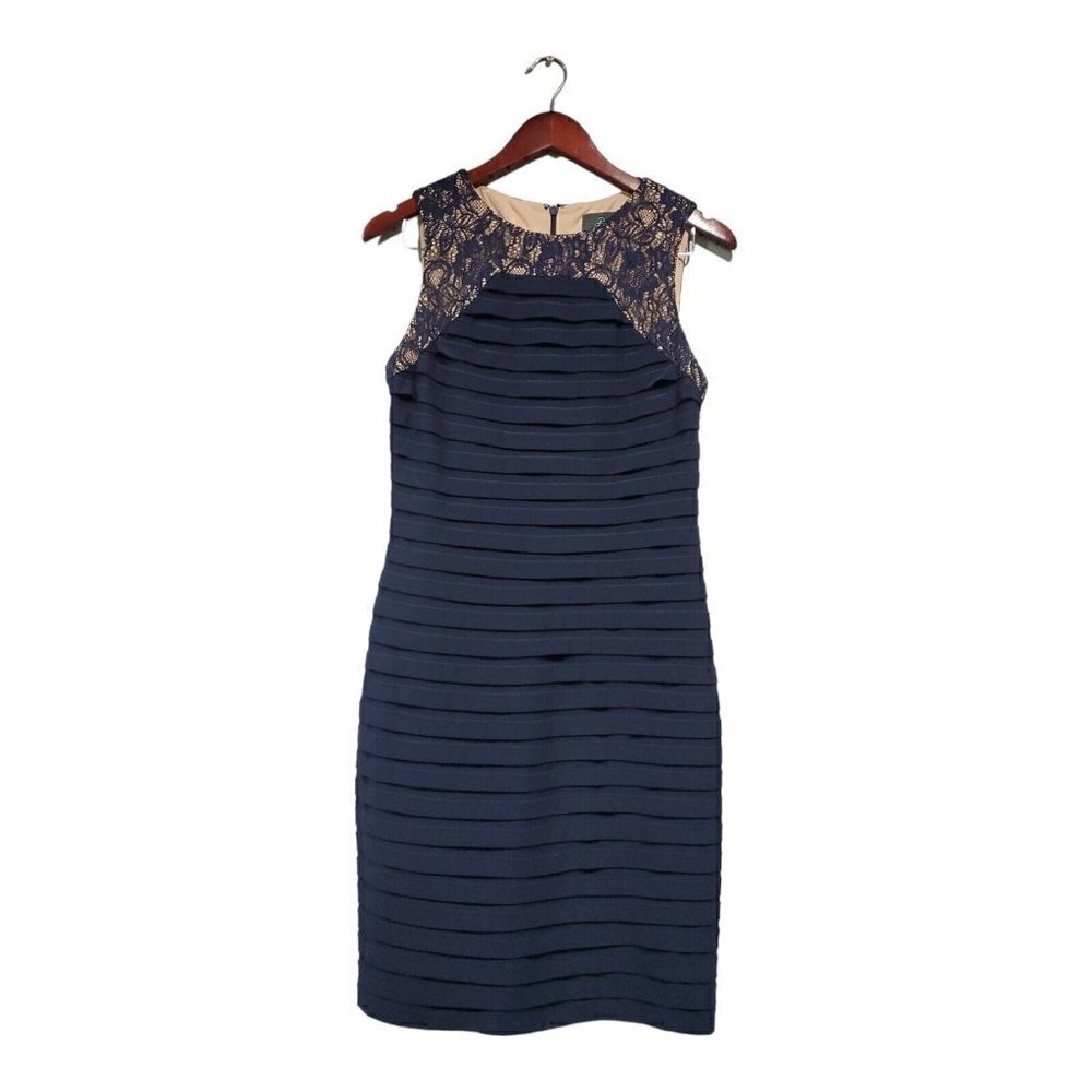 Adrianna Papell Women's Navy Lace Tiered Bodycon Sleeveless Formal Dress SZ 4